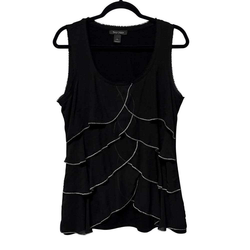 White House Black Market Black Ruffle Tiered Tank Top White Trim Large Y2K Work - Picture 2 of 7